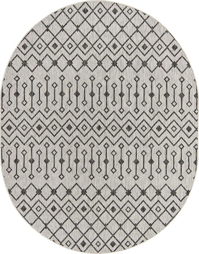 Unique Loom Outdoor Trellis Collection Area Rug - Tribal Trellis (7' 10" x 10' Oval, Gray/ Black)