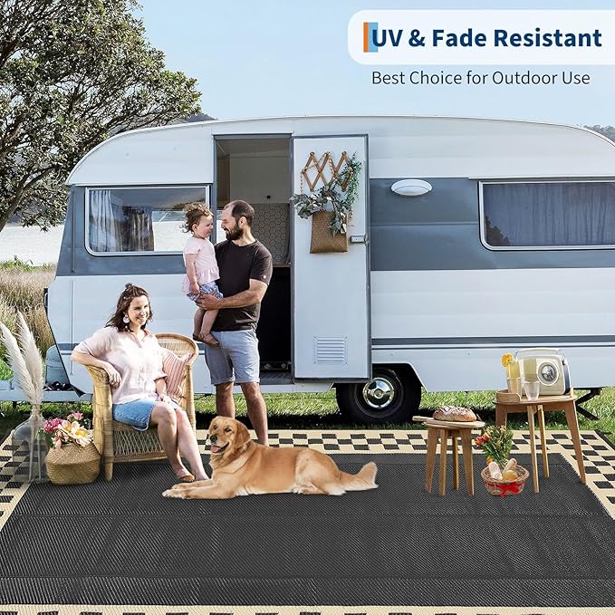Garvee 8x10 Outdoor Waterproof Rug Reversible Modern Geometric Neutral Outdoor Patio Rug, Weather Resistant Plastic Straw Rugs Portable Camping Carpet for Garden Backyard Balcony, Black & Beige