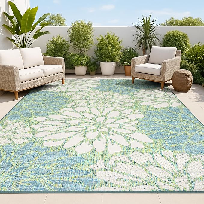 JONATHAN Y Floral Textured Weave Indoor Outdoor Area Rug 9X12 Cream/Green, Zinnia Modern for Backyard, Patio, Porch, Easy-Cleaning, High Traffic, Pet-Friendly, Non-Shedding (SMB110D-9)