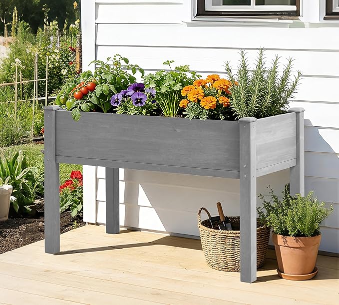 SoliWood Raised Garden Bed with Legs, 48x24x30'', Outdoor Wood Elevated Planter Box, Grey Cedar, Thick Legs, w/Liner