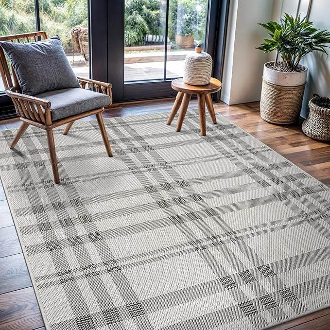 CAMILSON Easy Jute Rug 6x9, Indoor Outdoor Off-White Color Fiber Area Rugs for Entry, Living Room and Farmhouse Rug, Checkred Boho Woven Design, Easy-Cleaning, Washable Outside Carpet (6 x 9)