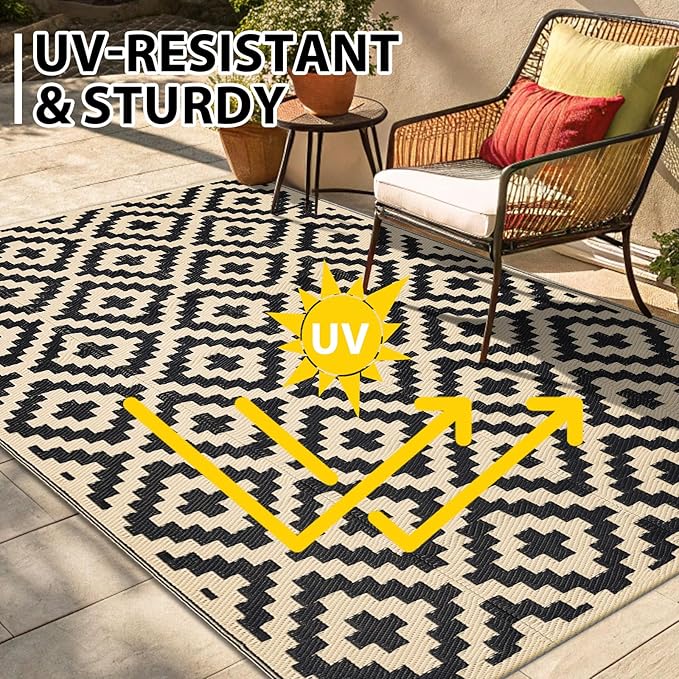 Smiry Waterproof Outdoor Rug 10X14 ft, Reversible Plastic Straw Patio Camping Rugs, Outdoor Indoor RV Mat Carpet for Patio, Outside Entry, Backyard, Deck, Bench, Picnic, Camper, Black & Beige