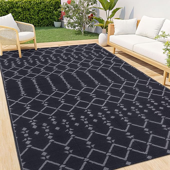 Smiry Outdoor Rug 8x10 ft, Waterproof Reversible Plastic Straw Rugs, Boho Outdoor Area Rug, Outside Floor Mat for Patio, Backyard, Deck, Picnic, Beach, Camping, Dark Grey