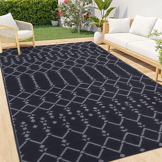 Smiry Outdoor Rug 8x10 ft, Waterproof Reversible Plastic Straw Rugs, Boho Outdoor Area Rug, Outside Floor Mat for Patio, Backyard, Deck, Picnic, Beach, Camping, Dark Grey