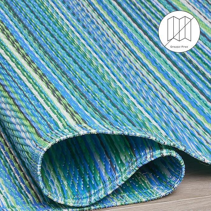 Fab Habitat Outdoor Rug - Waterproof, Fade Resistant, Crease-Free - Premium Recycled Plastic - Striped - Large Patio, Deck, Sunroom, Camping, RV - Cancun - Turquoise & Moss Green - 8 x 8 ft