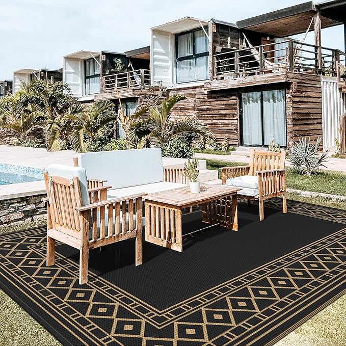 GENIMO Outdoor Rug Waterproof for Patio Decor, 10'x20' Foldable Reversible Plastic Straw Carpet, Outside Area Mat for Rv, Deck, Picnic, Porch, Camper, Balcony, Beach, Black & Brown