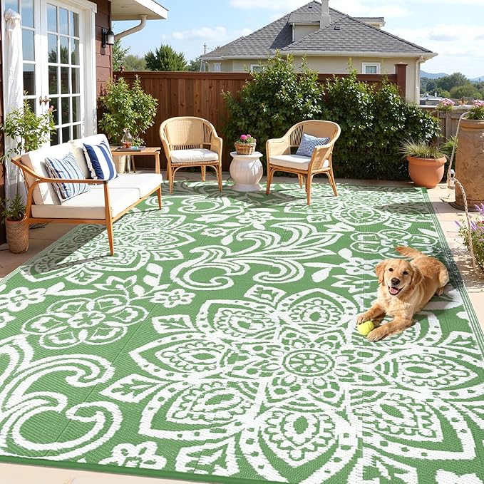 Findosom Waterproof Outdoor Rug 8' x 10' - Reversible Mandala Outdoor Plastic Straw Rug, Durable Foldable Patio Rug for RV, Deck, Balcony, Backyard, Picnic, Porch, Camping, Beach, Green