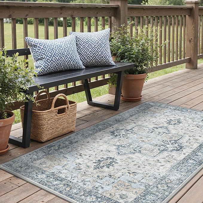 GENIMO Outdoor & Indoor Area Rug 3'x 5', Waterproof, Non-Shedding, Easy Cleaning, Boho Mat for Patio, Living Room, Balcony, Dining Room, RV, Deck, Bedroom, Camping, Outside Carpet,Blue