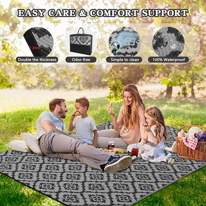 Wallona Outdoor Rugs 8x10 ft Patio Waterproof Clearance Indoor Outdoor Large Carpet for Patio Plastic Straw Reversible Area Rugs Mat for RV, Camping, Balcony, Beach, Picnic, Porch, Brick Black & Grey
