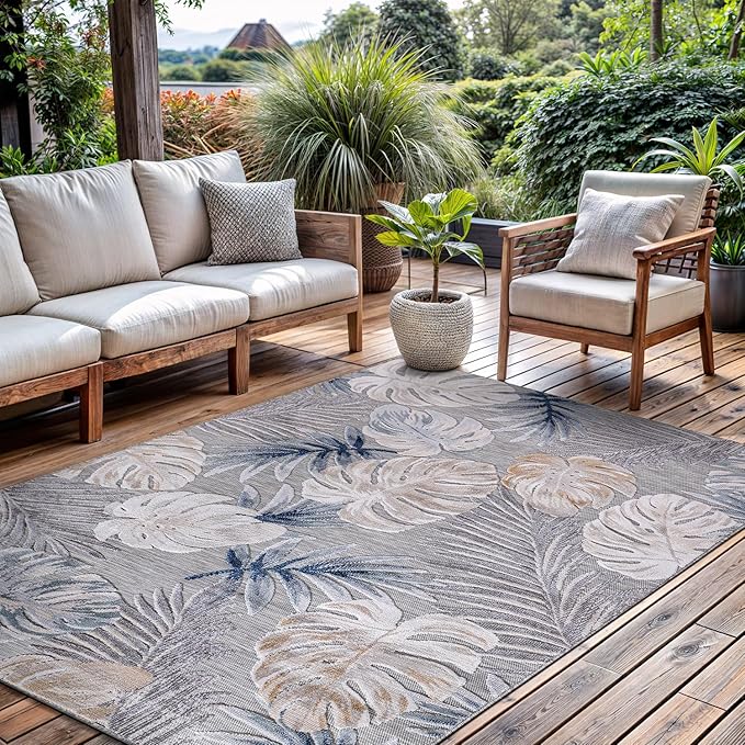 CAMILSON Indoor Outdoor Rug, Blue 5x7 Leaf Tropical Botanical Area Rugs for Indoor and Outdoor patios, Easy-Cleaning Non-Shedding Living Room, Garden and Kitchen Washable Outside Carpet (5 x 7)
