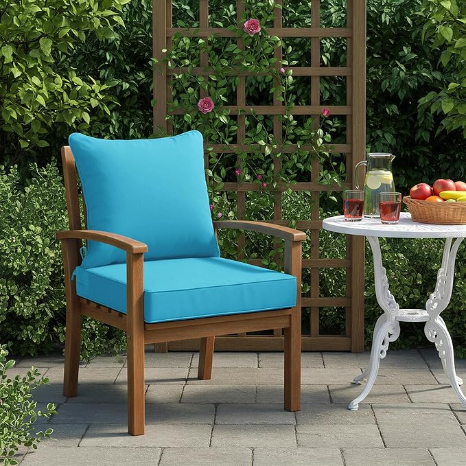 Outdoor Backrest and Deep Seat Cushion Set, Waterproof Fade Resistant Patio Chair Furniture Cushion with Removable Cover, 22 x 22 Inch, Teal, 1 Set