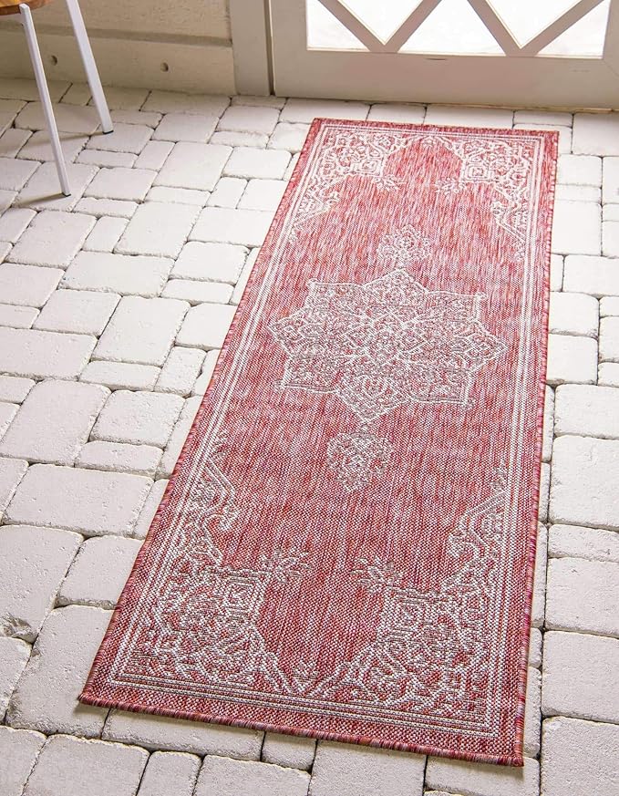 Unique Loom Outdoor Traditional Collection Area Rug - Antique (2' x 6' 1" Runner, Rust Red/ Gray)
