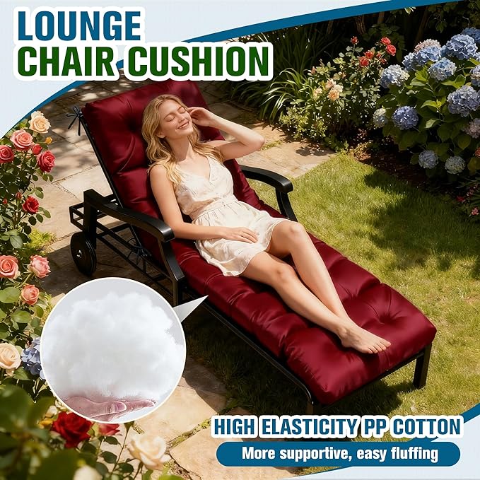 MTMR Chaise Lounge Cushion Outdoor, Non-Slip Chair Cushion for Patio Furniture, Waterproof Outdoor Replacement Seat Pad for Pool Lawn Wicker Couch Bench Loveseat, Long Thick Lounge Cushion, Burgundy