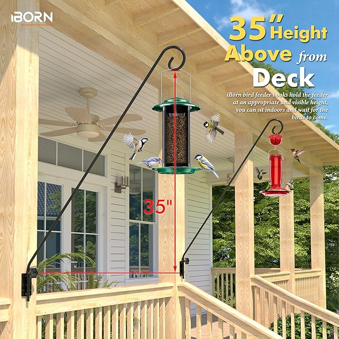 iBorn Wall Mount Deck Hook, 40" Squirrel Proof Bird Feeder Pole, Heavy Duty Extended Reach Wall Mounted Deck Hook Wall Pole, 180° Rotatable Arm, Solid Wire, Pack of 2