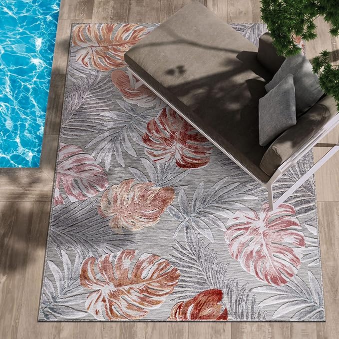 CAMILSON Indoor Outdoor Rug, Multi Color 6’x9’ Leaf Tropical Botanical Area Rugs for Indoor and Outdoor patios, Easy-Cleaning Non-Shedding Living Room, Garden and Kitchen Washable Outside Carpet (6x9)
