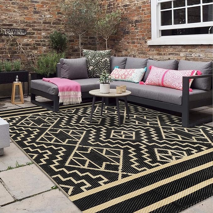 SAND MINE Reversible Mats, Plastic Straw Rug, Modern Area Rug, Large Floor Mat and Rug for Outdoors, RV, Patio, Backyard, Deck, Picnic, Beach, Trailer, Camping (9' x 12', Black & Beige)