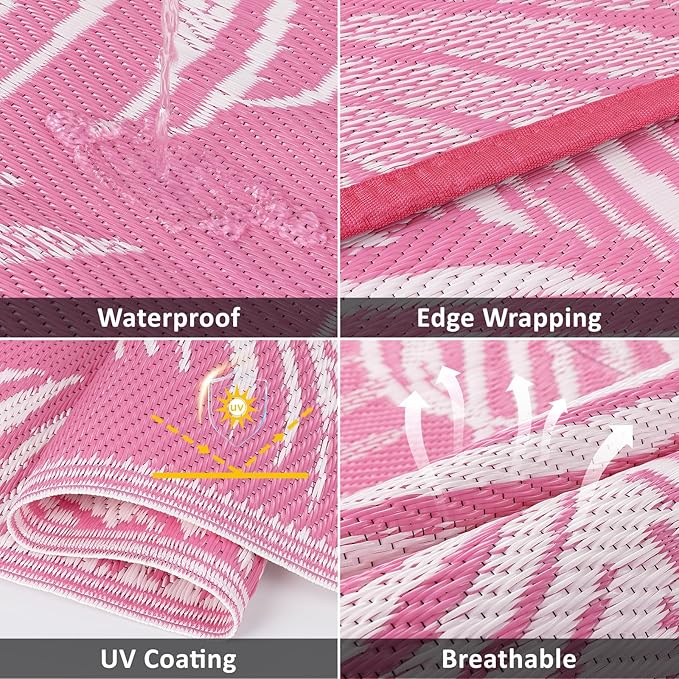 Pauwer Waterproof Outdoor Rug 6x9, Reversible Plastic Straw Patio Camping Rug, Indoor Outdoor RV Mat Carpet for Deck, Camper, Porch, Balcony, Backyard, Picnic, Leaf Pink