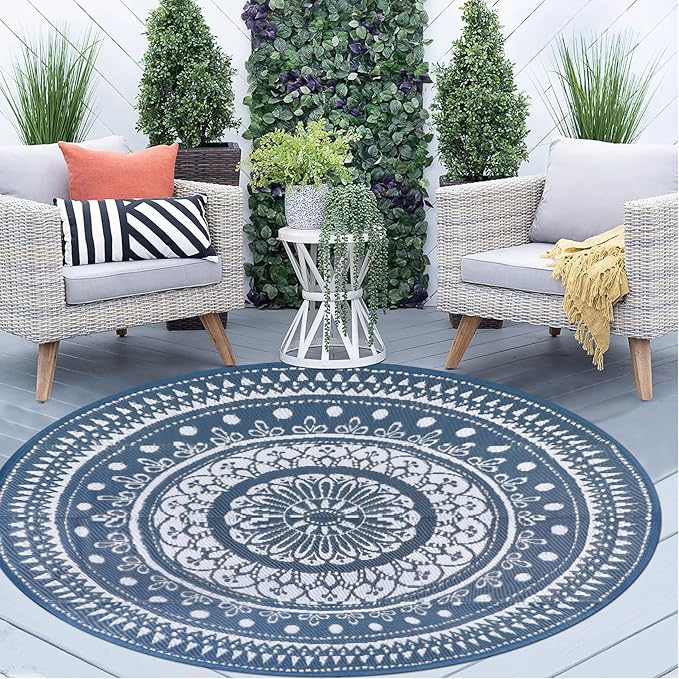 Cekene Round Outdoor Rugs for Patio 5Ft Waterproof Reversible Outdoor Patio Rugs Blue Lightweight Plastic Straw Rugs Portable RV Camping Mat Floor Carpet for Deck Porch Picnic