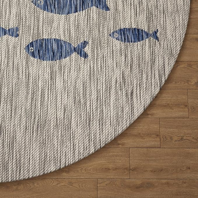 LR Home 8ft Round Indoor/Outdoor Area Rug for Home Decor | Coastal School of Fish Large Size Carpet for Living Room, Bedroom, Playroom, Patio, Garden | Nautical Farmhouse Rug | Gray/Navy