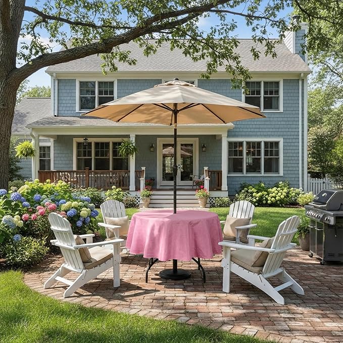 Outdoor Tablecloth Wrinkle-Free Stain Resistant Waterproof Polyester Fabric Table Cover with Zipper Umbrella Hole for Picnic/Party/Dinner/Patio Garden(60inch Round,Zippered,Pink)