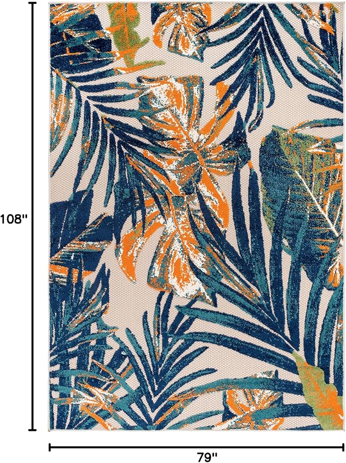Rugshop Tropical Floral Leaves Indoor/Outdoor Area Rug Durable Polypropylene, Non-Shedding, Easy to Clean, Perfect for Patio, Backyard, Deck and Outdoor Lounge, High Traffic Areas, 6'6" x 9'