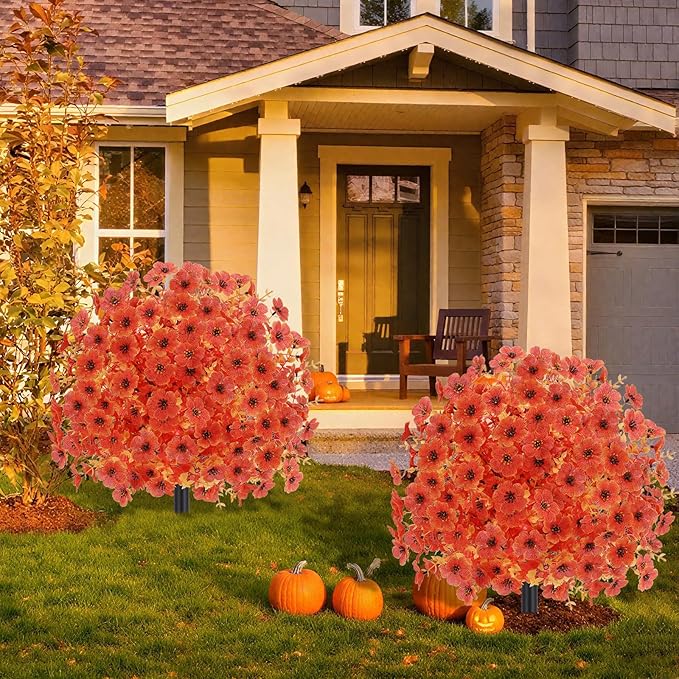 Geegoods Set of 2 Artificial Topiary Ball Tree with Flower for Outdoor, Fall Fake Shrubs Bushes with Ground Spikes, UV Resistant Faux Boxwoods Plants for Garden Porch Patio Decor