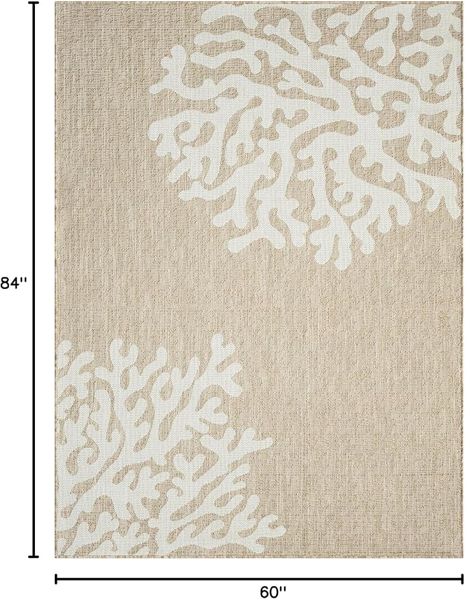 LR Home 5x7 Indoor/Outdoor Area Rug for Home Decor | Floral Carpet Suitable for Living Room, Bedroom, Playroom, Patio, Garden | Nautical Farmhouse Rug | Ivory/Beige