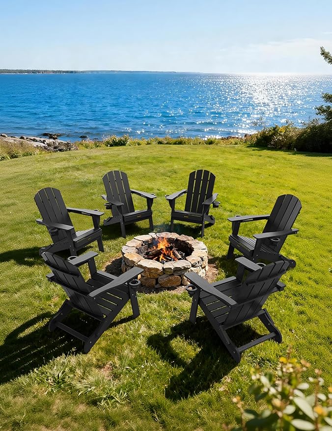 Folding Adirondack Chair Set of 6, Wooden Textured Plastic Adirondack Chairs with 2 Cup Holder, Weather Resistant HDPE Fire Pit Chair, Outdoor Patio Chairs for Garden, Backyard, Lawn, Deck, Black