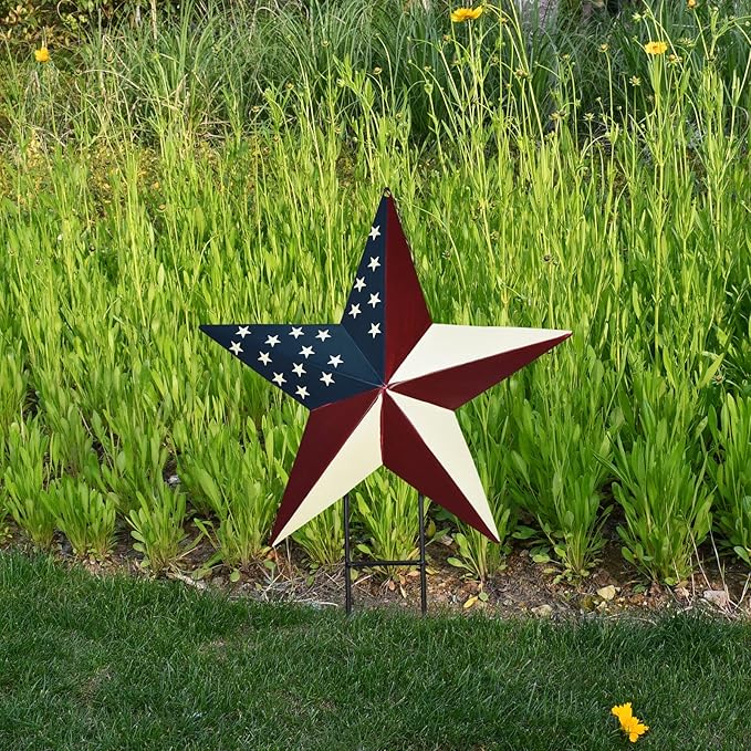 Veclotch 2set 4th of July Metal Barn Star Yard Sign Outdoor Lawn Decor, Patriotic US Flag Hanging Ornament Garden Signs Decorative Stake Memorial Day Party Supplies, Multicolor