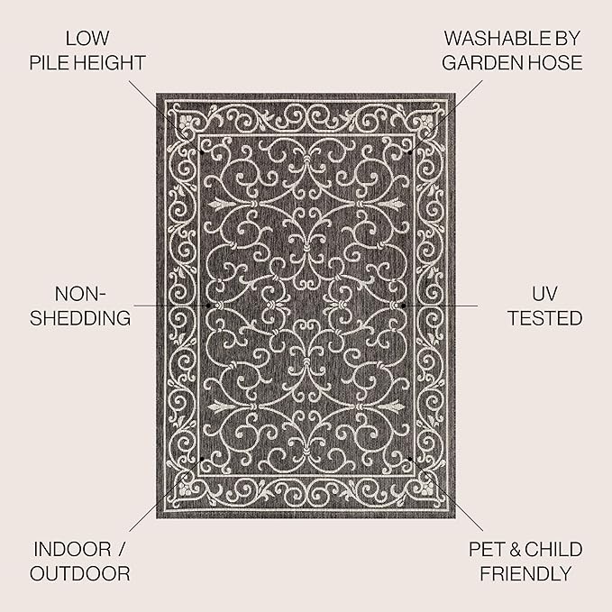 JONATHAN Y Vintage Filigree Indoor Outdoor Area Rug 4X6 Black/Gray, Charleston Textured Weave for Backyard, Patio, Porch, Easy-Cleaning, High Traffic, Pet-Friendly, Non-Shedding (SMB106G-4)