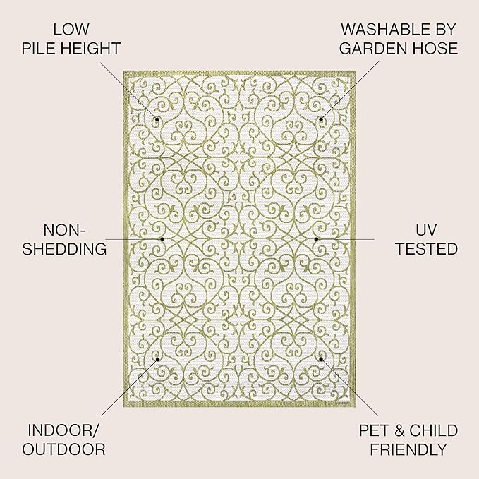JONATHAN Y Vintage Filigree Indoor Outdoor Area Rug 5X8 Green/Cream, Madrid Textured Weave for Backyard, Patio, Porch, Easy-Cleaning, High Traffic, Pet-Friendly, Non-Shedding (SMB107H-5)