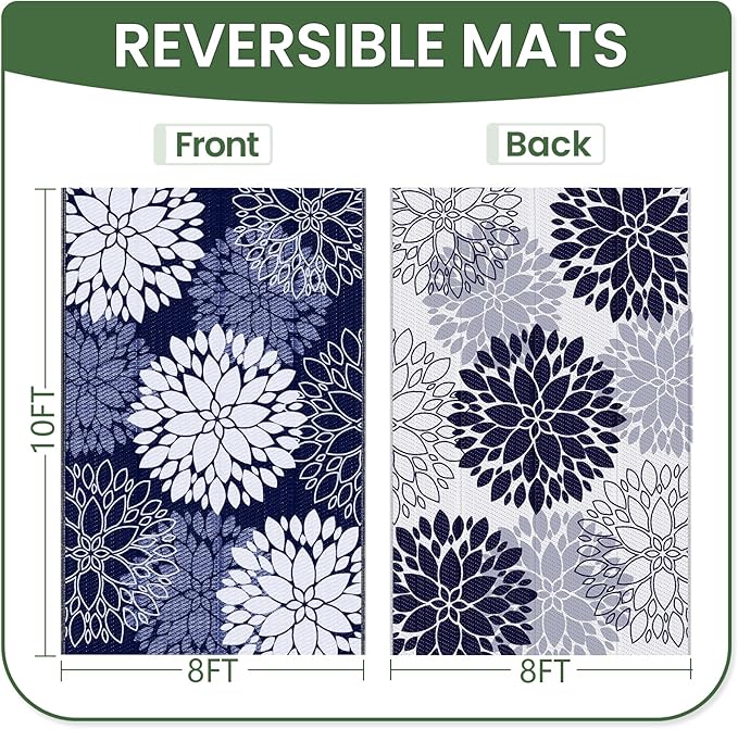 LuxStep Outdoor Rug Waterproof Outdoor Plastic Straw Rug Reversible Patio Rug Mat Outdoor Decor Large Area Mats for RV, Picnic, Backyard, Deck, Balcony, Porch, Beach, Camping, 8' x 10' Blue
