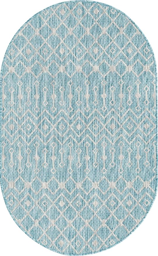 Unique Loom Outdoor Trellis Collection Area Rug - Tribal Trellis (3' 3" x 5' 3" Oval, Aqua/ Ivory)
