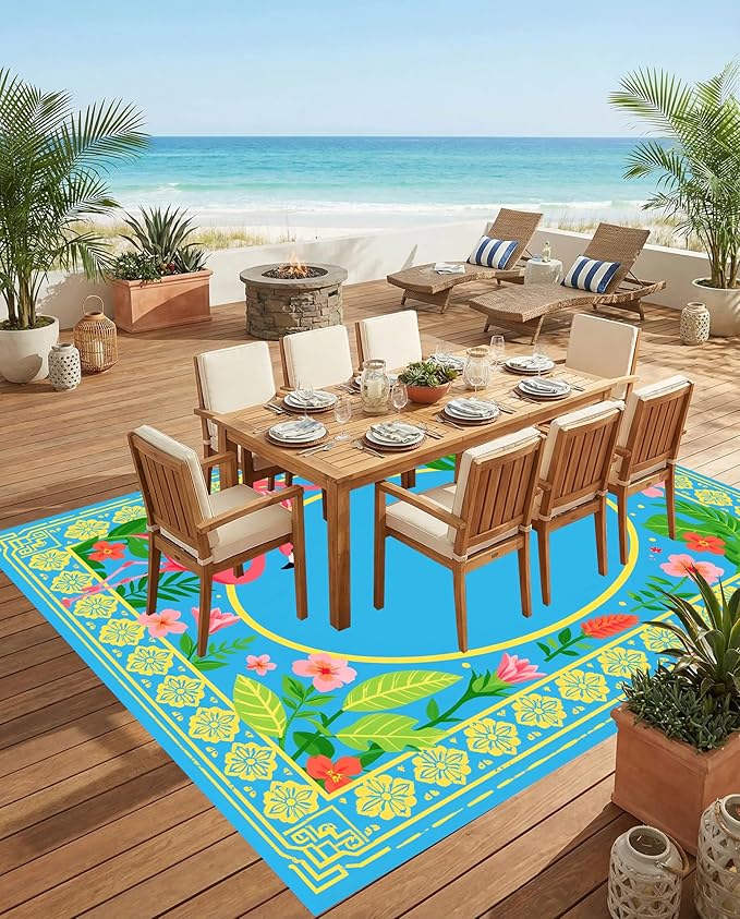 Tropical Floral Flamingo Border Pattern Outdoor Rug for Patio Porch Balcony Deck Garden Washable Waterproof Green Blue Gold Pink 5x8 Outside Carpet Soft Non-Slip Durable RV Camping Pool Mat