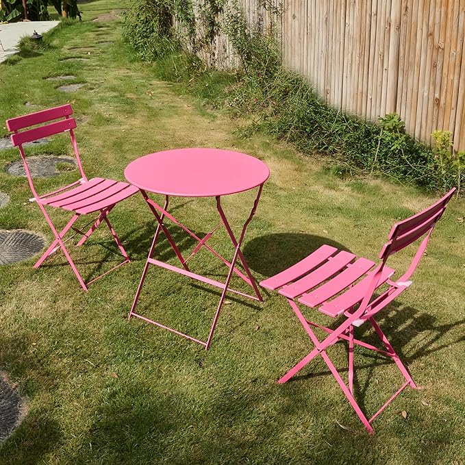 3 Piece Bistro Set, Folding Patio Furniture Set, Outdoor Table and Chairs Set for Patio, Garden, Balcony and Poolside, Rose Red