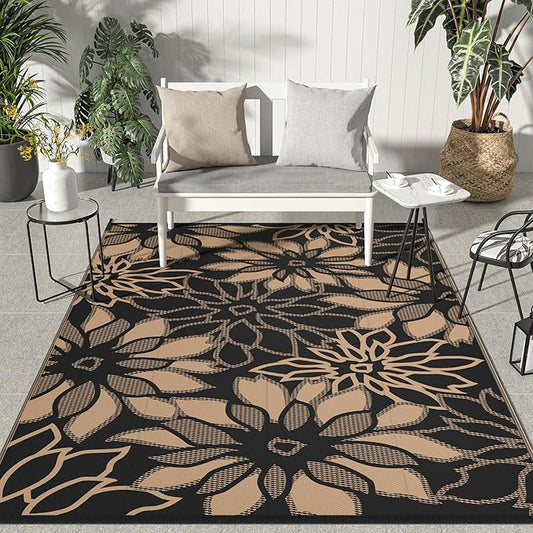 GENIMO Outdoor Rug Waterproof for Patio Decor, 6' x 9' Reversible Plastic Straw Floral Camping Carpet, Large Area Rugs Mats for RV, Camper, Deck, Balcony, Porch, Beach, Picnic, Black & Brown