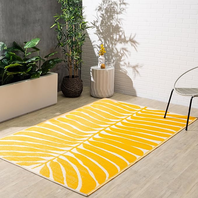 Fab Habitat Tropical Botanical Floral Outdoor Rug - Waterproof, Crease-Free Fade Resistant, Reversible - Recycled Plastic - Patio Porch Balcony Deck Yard Garden - Hilo Honey - 4x6 ft