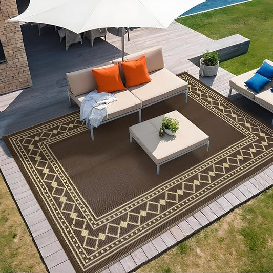 Garvee Outdoor Rug 9x12 Waterproof for Patio Clearance, Large Plastic Straw Mat for Camping, Porch, RV, Reversible Rugs for Deck Entryance Picnic Balcony Beach (Brown/Coffee)