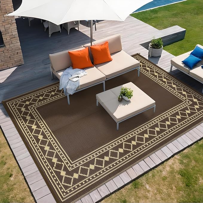 8x10 Outdoor Rug,Waterproof Geometric Plastic Straw Carpet,Easy Cleaning Folding Uv Resistant Picnic Camping Mat,Lightweight Outdoor Carpet,Brown/Coffee