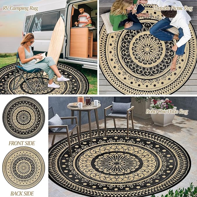 Cekene Round Outdoor Patio Rugs 10Ft Waterproof Reversible Outdoor Rugs with Carry Bags Lightweight Plastic Straw Rugs Portable RV Camping Mat Blue Floor Carpet for Deck Porch Picnic BBQ
