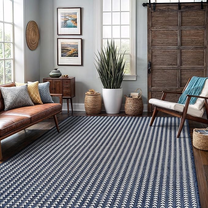 Washable Outdoor Rug 6x9 Modern Area Rugs Outdoor Carpets Striped Pattern Non Shedding Waterproof Easy Clean Patio Deck Porch Living Room Bedroom Garden RV (6 X 9 Navy)
