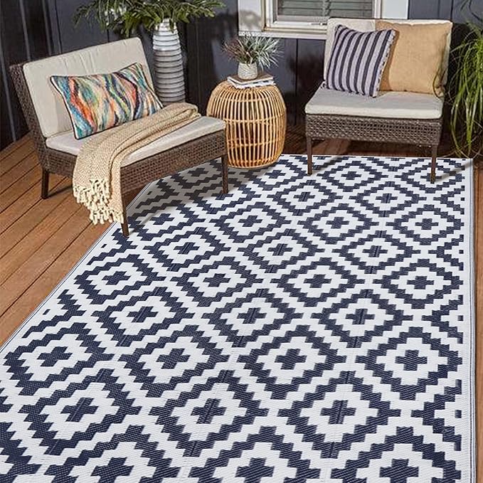 SAND MINE Reversible Mats, Plastic Straw Rug, Modern Area Rug, Large Floor Mat and Rug for Outdoors, RV, Patio, Backyard, Deck, Picnic, Beach, Trailer, Camping, Dark Blue & White, 5' x 8'