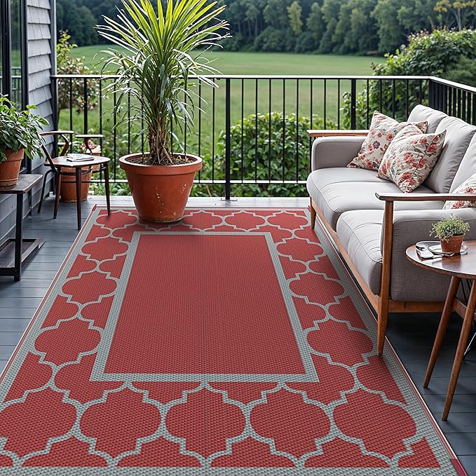 GENIMO 9' x 12' Outdoor Rug Waterproof for Patio Decor, Foldable Reversible Plastic Straw Area Rugs Mat for Camper, Outside Carpet for Rv, Deck, Porch, Picnic, Beach, Balcony, Red & Grey