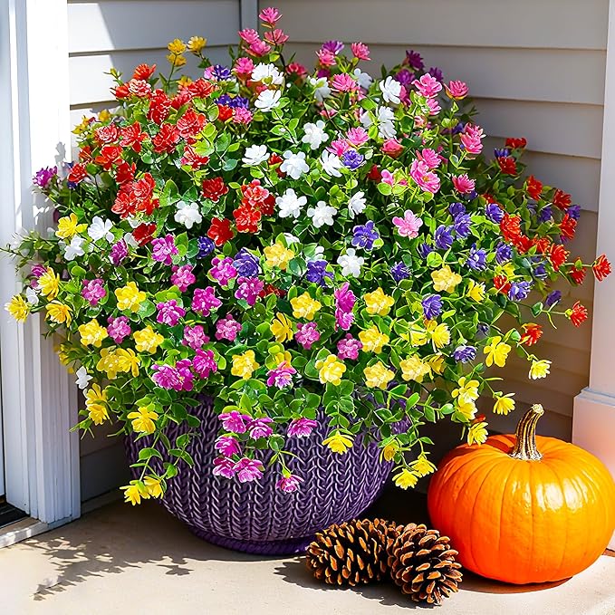 Ivydale Artificial Fake Flowers Plants for Outdoors Indoor Decoration, 12 Bundles Faux Plastic Mix-Colored Daisy Flowers UV Resistant Faux Mums Greenery Bushes Shrubs for Home Porch Patio Garden