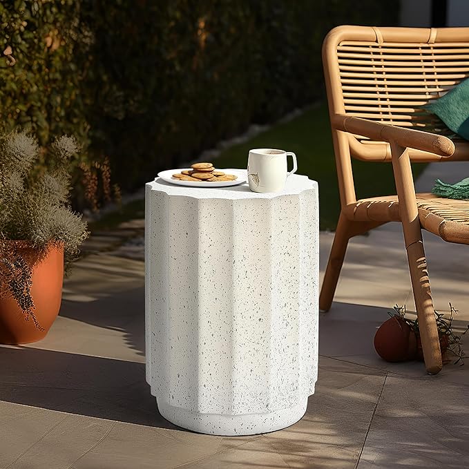 LuxenHome Outdoor Side Table, 18 Inch Cement End Tables for Patio, Garden Small Accent Decorative Stool, Tree Stump Stool Plant Stand Drum Table