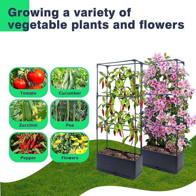 2Pack Raised Garden Bed Planter Boxe with Trellis, 43.4" Self Watering Tomato Raised Planter Box with Trellis for Climbing Vegetable Flowers and Plants, Tomato Cage for Indoor Outdoor Use