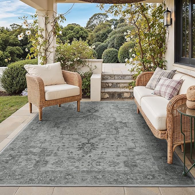 GENIMO Outdoor & Indoor Area Rug 5'x8', Waterproof, Non-Shedding, Easy Cleaning, Boho Mat for Patio, Living Room, Balcony, Dining Room, RV, Deck, Bedroom, Camping, Outside Carpet,Dark Grey