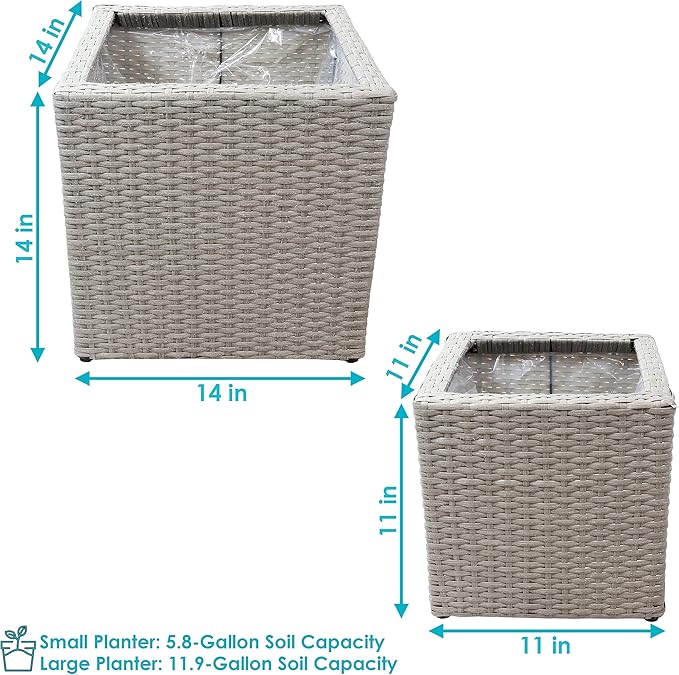 Sunnydaze Polyrattan Square Indoor Planters Set - Includes 14-Inch and 11-Inch Modern Decorative Planter - Features Attached Clear Polypropylene Liner - Gray