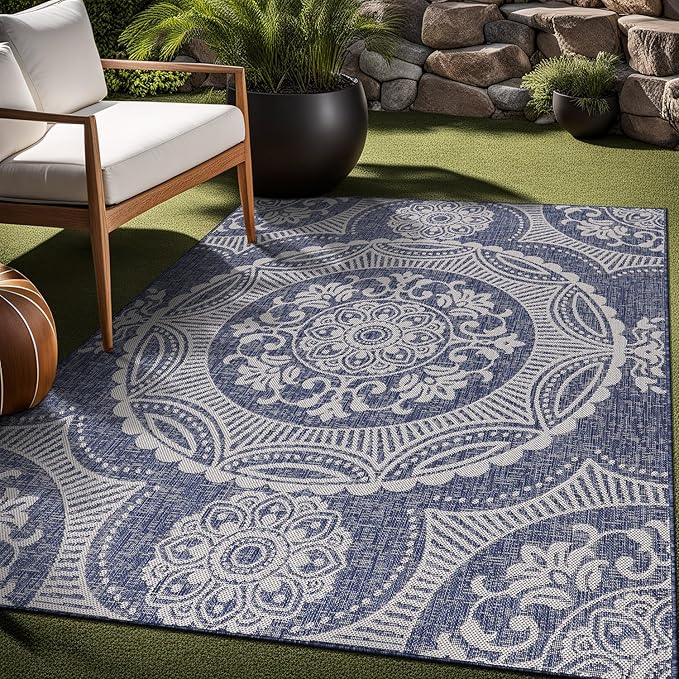 Medallion Outdoor Rug 10x14 Washable Outside Carpet for Indoor Patio Porch Waterproof Easy Cleaning Non Shedding Area Rugs Blue 10 x 14