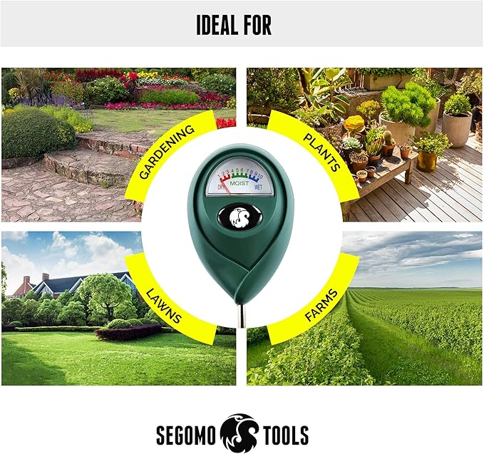 Segomo Tools Soil Moisture Meter - Plant Water Meter - Soil Moisture Sensor & Reader - Moisture Meter for House Plants, Gardens, Lawns & Farms - Soil Tester & Plant Care - Moisture Sensor - SMR01